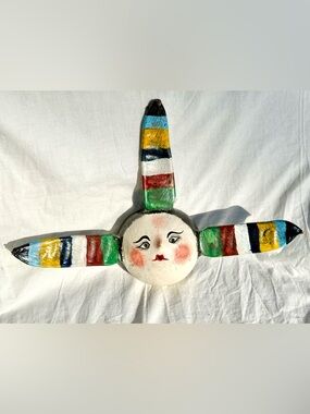 Mexican Coconut Shell Folk Art Mask Face Hand-Painted Vintage 18”x12” Mezcala